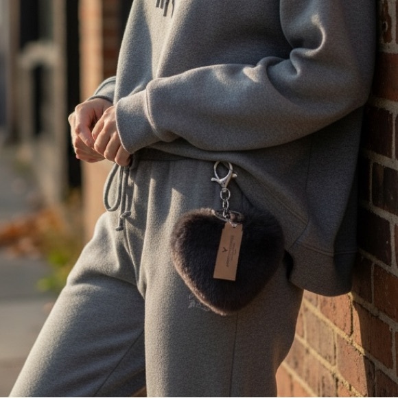 American Eagle Outfitters Faux Fur Heart Keychain - Charcoal - Picture 2 of 5